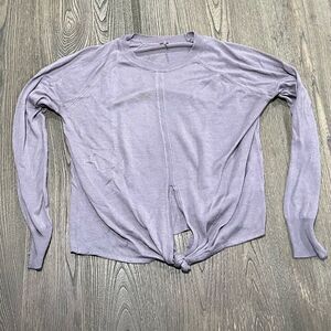 Poof Tie Front Sweater Ribbed Knit Long Sleeve Crew Neck Pullover Purple Medium
